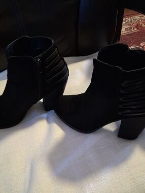 Tony Hawk Black Suede Ankle Booties with Strappy Heel Detail